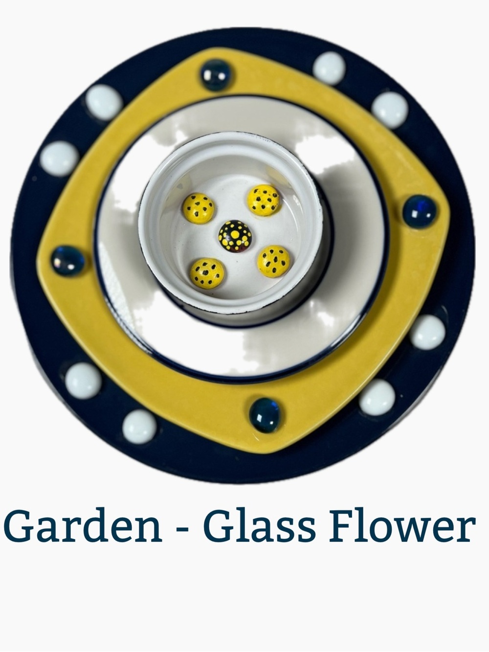 10 inch Art Glass Flower, yellow, white and blue.  Hand crafted